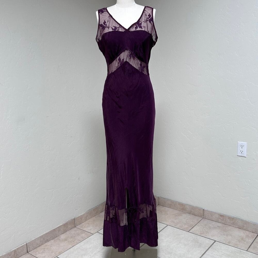 Vintage Y2K Satin Sheer Lace Maxi Slip Dress Whimsigoth Dark Fairy Purple Goth L